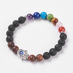 Lava Rock Chakra Jewelry, Natural Lava Rock Stretch Bracelets, with Natural & Synthetic Mixed Stone and Sandalwood, Evil Eye Lampwork and Alloy Findings, Hamsa Hand, Burlap Packing, 2 inch(5.2cm)