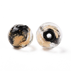 Negro Perlas de cristal hechas a mano la hoja de oro, rondo, negro, 10x9~10 mm, agujero: 1.6~2 mm