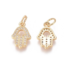 Golden Brass Micro Pave Clear Cubic Zirconia Charms, with Jump Rings, Hamsa Hand/Hand of Fatima /Hand of Miriam, Golden, 13x9x2mm, Jump Ring: 5x0.7mm, Inner Diameter: 3.6mm