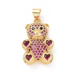 Deep Pink Brass Cubic Zirconia Pendants, Golden, Bear with Heart Charm, Deep Pink, 23x15x4mm, Hole: 4X5mm