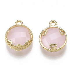 Pink Glass Charms, with Brass Findings, Imitation Jade, Faceted, Flat Round with Heart, Golden, Pink, 14x11.5x4.5mm, Hole: 1.5mm