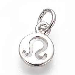 Leo Brass Charms, Lead Free & Cadmium Free, Flat Round with Constellations, Platinum, Leo, 9.5x7x1mm, Hole: 3mm