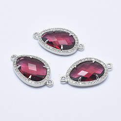 Dark Red Brass Micro Pave Cubic Zirconia Links, with Glass, Faceted, Teardrop, Platinum, Dark Red, 28x16x4.5mm, Hole: 1.6mm