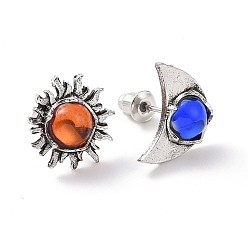Mixed Color Resin Beaded Sun & Moon Asymmetrical Earrings, Retro Alloy Stud Earrings for Women, Mixed Color, 14x13mm and 14.5x10.5mm, Pin: 0.7mm