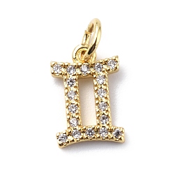Gemini Brass Micro Pave Cubic Zirconia Charms, Constellation Charm, with Jump Rings, Real 18K Gold Plated, Gemini, 12x7.5x1.5mm, Hole: 3.4mm