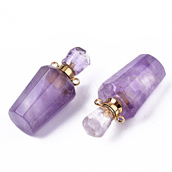 Amethyst Faceted Natural Amethyst Pendants, Openable Perfume Bottle, with Golden Tone Brass Findings, Bottle, 36x15.5x15mm, Hole: 1.8mm, Bottle Capacity: 1ml(0.034 fl. oz)