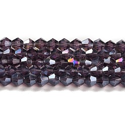 Violeta Transparentes cuentas de vidrio electroplate hebras, color de ab chapado, facetados, bicono, violeta, 3.5 mm, sobre 108~123 unidades / cadena, 12.76~14.61 pulgada (32.4~37.1 cm)