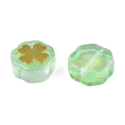 Light Green Transparent Spray Painted Glass Beads, with Glitter Powder and Golden Plated Brass Findings, Flower, Light Green, 12x12x4.5mm, Hole: 1mm
