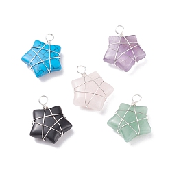 Silver Natural & Synthetic Gemstone Pendants, with Copper Wire Wrapped, Star, Silver, 25~26x20~21x7.5~8mm, Hole: 3.5mm