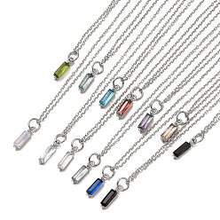 Mixed Color Rectangle Cubic Zirconia Pendant Necklaces, 304 Stainless Steel Cable Chain Necklace for Women, Stainless Steel Color, Mixed Color, 17.52 inch(44.5cm)
