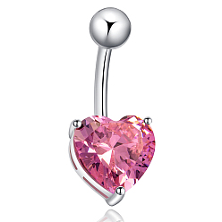 Pink Platinum Plated Body Jewelry Heart Cubic Zirconia Brass Navel Ring Navel Ring Belly Rings, with 304 Stainless Steel Bar, Pink, 25x10mm, Bar Length: 3/8"(10mm), Bar: 14 Gauge(1.6mm)
