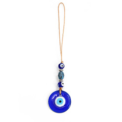 Royal Blue Flat Round with Evil Eye Glass Pendant Decorations, Hemp Rope Hanging Ornament, Royal Blue, 150mm,