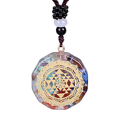Золотой Тема чакры йоги смешанный драгоценный камень с кулоном из многоугольной смолы ожерелье с полиэфирным шнуром для женщин, золотые, 25.59 дюйм (65 см)