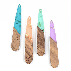 Mixed Color Transparent Resin & Walnut Wood Pendants, with Gold Foil, teardrop, , Mixed Color, 44x7.5x3mm, Hole: 1.5mm