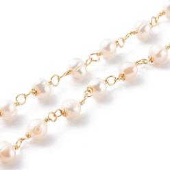 Real 18K Gold Plated Handmade cultured Freshwater Pearl Beaded Chains, with Copper Wire, Soldered, Real 18K Gold Plated, 6~10x7~9x4~7mm, 39.37 inch(1m)/strand