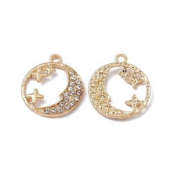 Golden Alloy Rhinestones Pendants, Moon with Star Charms, Golden, 20.5x17.5x2mm, Hole: 1.8mm