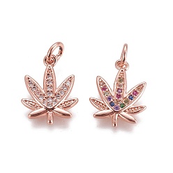 Rose Gold Brass Micro Pave Cubic Zirconia Charms, Pot Leaf/Hemp Leaf, Rose Gold, 15x11.5x1.5mm, Hole: 3mm