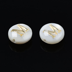 Letter M Natural Freshwater Shell Beads, with Golden Plated Brass Etched Metal Embellishments, Flat Round with Letter, Seashell Color, Letter.M, 6x4mm, Hole: 0.8mm
