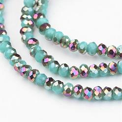 Cyan Electroplate Glass Bead Strands, Half Plated, Faceted, Rondelle, Cyan, 3x2mm, Hole: 1mm, about 165~169pcs/strand, 15~16 inch(38~40cm)