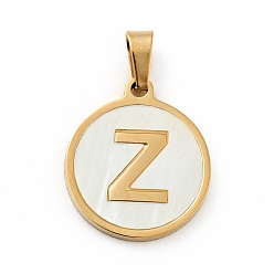 Letter Z Vacuum Plating 304 Stainless Steel with White Shell Pendants, Golden, Flat Round with Letter Charm, Letter.Z, 18x16x1.5mm, Hole: 3x6mm