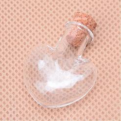 Clear Glass Bottles, Beads Containers, with Cork Stopper, Wishing Bottle, Heart, Clear, 33x23x10mm, Hole: 5.5mm, Capacity: 4ml(0.13 fl. oz)