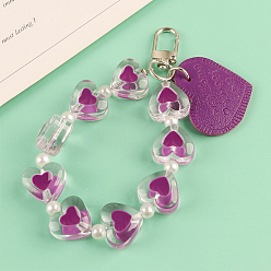 Medium Violet Red Imitation Leather Pendants Keychain, with Resin Beads and Alloy Findings, Heart with Word, Medium Violet Red, Heart: 3x3.8cm
