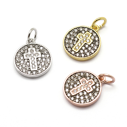 Mixed Color Brass Micro Pave AAA Cubic Zirconia Charms, Cadmium Free & Nickel Free & Lead Free, Flat Round with Cross, Mixed Color, 13x11x2mm, Hole: 3mm