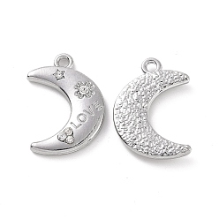 Platinum Alloy Crystal Rhinestone Pendants, Moon with Clover & Star & Word Love Pattern Charms, Platinum, 22x15.5x3mm, Hole: 1.8mm