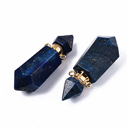 Lapis Lazuli Couvertures de lapis lazuli naturelles facettées, bouteille de parfum ouvrable, avec les accessoires en laiton de tonalité d'or, hexagone, 40~41.5x15x13.5mm, Trou: 1.8mm, capacité de la bouteille: 1 ml (0.034 fl. oz)
