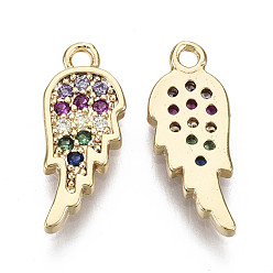Colorful Brass Micro Cubic Zirconia Charms, Nickel Free, Real 18K Gold Plated, Wing, Colorful, 14.5x6x1.5mm, Hole: 1.2mm