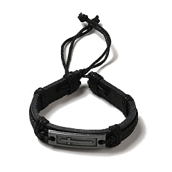 Черный Прямоугольный сплав с браслетом из поперечных звеньев, регулируемый браслет из искусственной кожи на шнурке для женщин, чёрные, внутренний диаметр: 2-1/4~3-3/4 дюйм (5.6~9.5 см)