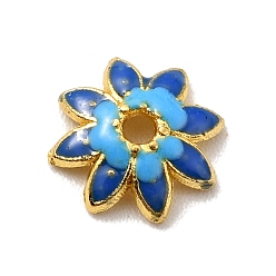 Cielo Azul Oscuro Tapas de perlas de esmalte de aleación de múltiples pétalos, sin plomo y cadmio, dorado, flor, cielo azul profundo, 7.5x7x2 mm, agujero: 1 mm