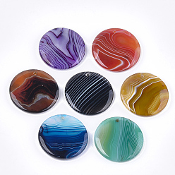 Mixed Color Natural Banded Agate/Striped Agate Pendants, Dyed, Flat Round, Mixed Color, 40x7mm, Hole: 1.8mm