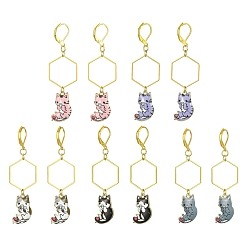 Mixed Color Rack Plating Alloy Cat Dangle Leverback Dangle Earrings, Golden Brass Long Drop Earrings, Mixed Color, 66x19.5mm