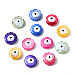 Mixed Color Natural Freshwater Shell Beads, with Enamel, Dyed, Flat Round with Evil Eye, Mixed Color, 10x4~5mm, Hole: 0.8mm