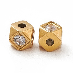 Clear Ion Plating(IP) 304 Stainless Steel & Clear Cubic Zirconia Beads, Real 14K Gold Plated, Faceted, Cornerless Cube Beads, Clear, 4x4x4mm, Hole: 0.8mm