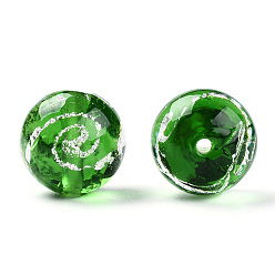 Verde Hechos a mano de cristal de murano hoja de plata, rondo, verde, 13~14 mm, agujero: 1.6~1.8 mm