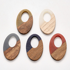 Mixed Color Resin & Wood Pendants, Waxed, Oval, Mixed Color, 35.5x21.5x3~4mm, Hole: 16x10mm
