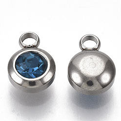 Capri Blue Rhinestone Charms, December Birthstone Charms, with 201 Stainless Steel, Flat Round, Stainless Steel Color, Capri Blue, 9x6.5x4mm, Hole: 1.8mm