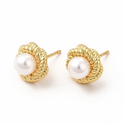 Real 18K Gold Plated Rack Plating Brass Stud Earrings for Women, with Plastic Imitation Pearl, Long-Lasting Plated, Lead Free & Cadmium Free, Round, Real 18K Gold Plated, 10.5mm, Pin: 0.8mm