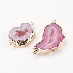 Pink Electroplate Natural Druzy Geode Quartz Crystal Links connectors, with Brass Findings, Nuggets, Golden, Pink, 22~45x10~35x4~5.5mm, Hole: 2mm