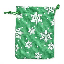 Vert Pochettes d'emballage en toile de jute sur le thème de noël, sacs à cordonnet, avec motif de flocon de neige, verte, 14.5x10.1x0.3 cm