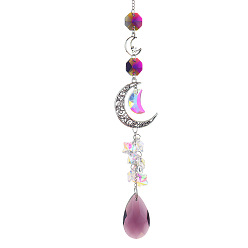 Pale Violet Red Glass Moon Hanging Suncatcher Pendant Decoration, Teardrop Crystal Ceiling Chandelier Ball Prism Pendants, with Alloy & Iron Findings, Pale Violet Red, 420~430mm