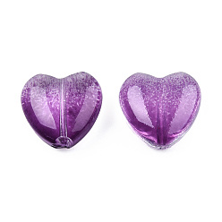 Púrpura Perlas de vidrio pintado en aerosol transparente, corazón, púrpura, 12x12x5.5 mm, agujero: 0.9~1 mm