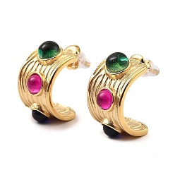 Colorful Real 18K Gold Plated 304 Stainless Steel Arch Stud Earrings with Resin Beaded, Colorful, 22x13mm