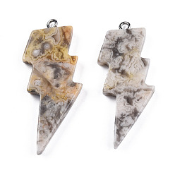 Crackle Agate Natural Crackle Agate Pendants, Lightning Bolt Charm, with Stainless Steel Color Tone 304 Stainless Steel Loops, 40~44.5x17~20x4.5~6mm, Hole: 2mm