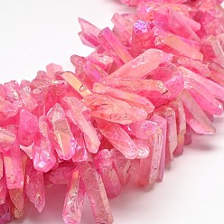 Hot Pink Electroplate Natural Nuggets Quartz Crystal Beads Strands, Grade AB, Dyed, AB Color Plated, Hot Pink, 17~47x10~11x6~6.5mm, Hole: 1mm, about 53pcs/strand, 15.4 inch