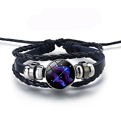 Sagittarius Alloy Braided Bead Bracelets, Leather Multi-Strand Bracelet, Glass Constellation Bracelet, Sagittarius, 7-7/8 inch(20cm)