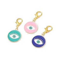 Mixed Color Alloy Enamel Evil Eye Pendant Decorations, with Alloy Lobster Claw Clasps, Clip-on Charms, for Keychain, Purse, Backpack Ornament, Stitch Marker, Flat Round, Mixed Color, 51mm