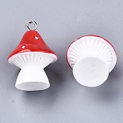 Red Opaque Resin Pendants, with Platinum Tone Iron Loops, Mushroom with Polka Dots, Red, 23~24x17mm, Hole: 2mm